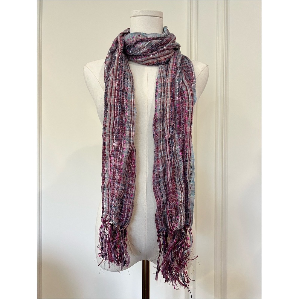 CJ Banks Y2K Plum Rose Slate Open Weave Fringe Scarf Metallic Thread Long Wrap